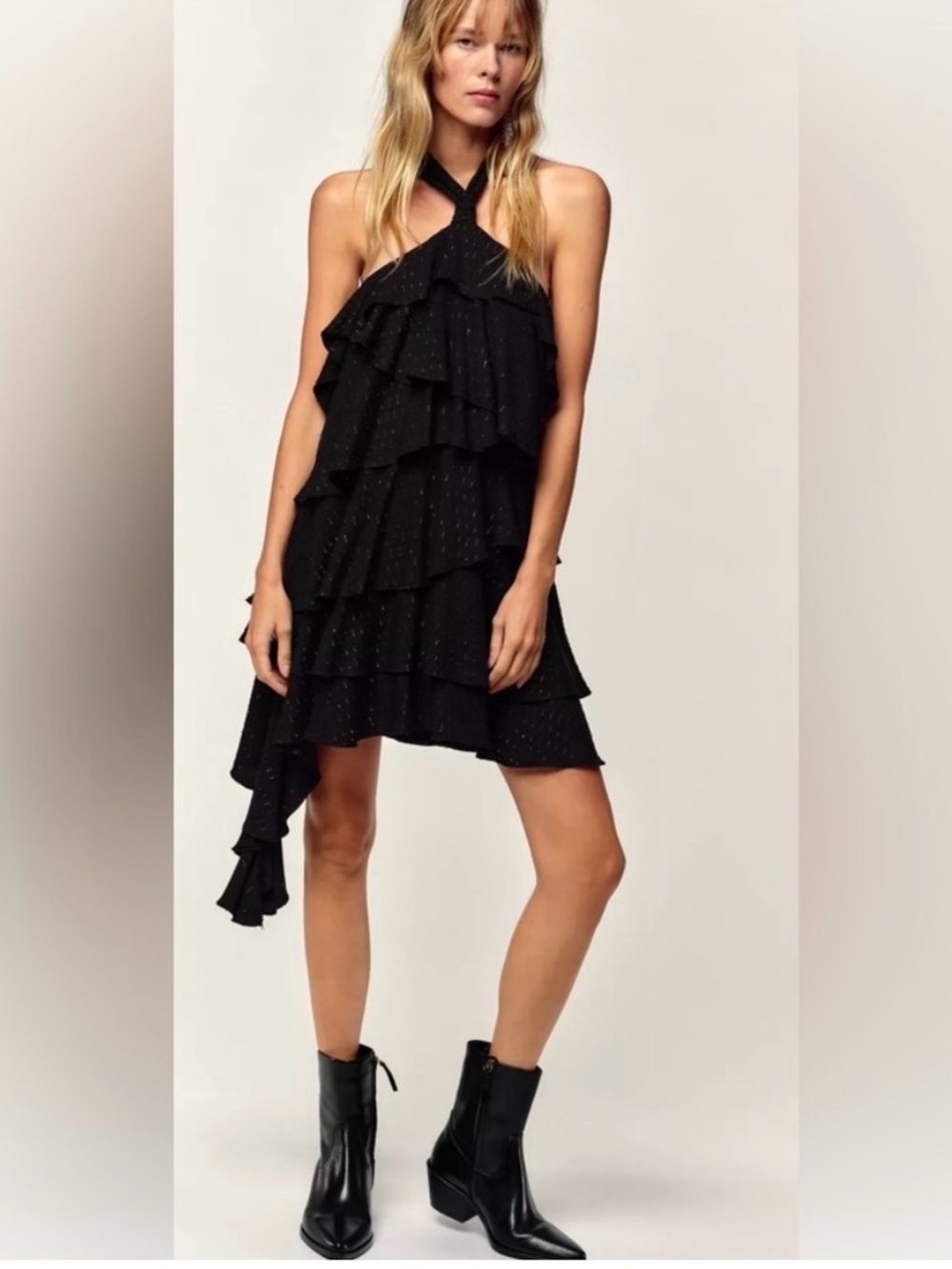 Zara Black Asymmetrical Ruffle Halter Dress